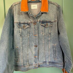 Customized Old Navy Jean Jacket with Leather Back, Collar, and Cuffs